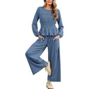 imageTanming Womens 2 Piece Sets Boho Long Sleeve Smocked Top Loose Wide Leg Pants Travel Lounge Outfit Causal SuitsDusty Blue