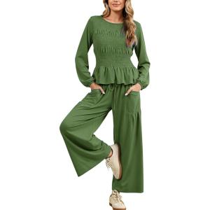imageTanming Womens 2 Piece Sets Boho Long Sleeve Smocked Top Loose Wide Leg Pants Travel Lounge Outfit Causal SuitsGreen