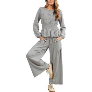 imageTanming Womens 2 Piece Sets Boho Long Sleeve Smocked Top Loose Wide Leg Pants Travel Lounge Outfit Causal SuitsGrey