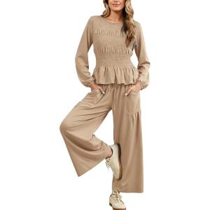 imageTanming Womens 2 Piece Sets Boho Long Sleeve Smocked Top Loose Wide Leg Pants Travel Lounge Outfit Causal SuitsKhaki