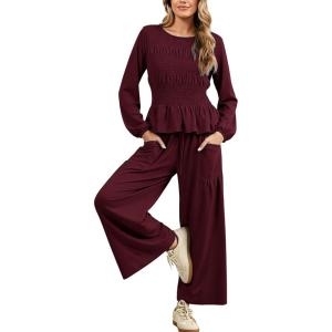 imageTanming Womens 2 Piece Sets Boho Long Sleeve Smocked Top Loose Wide Leg Pants Travel Lounge Outfit Causal SuitsWine