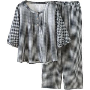 imageTanming Womens 2 Set Gingham Pajama Set Half Sleeve Shirt Wide Leg Pants Y2K Cotton Matching Lounge Set Beach OutfitsBlack