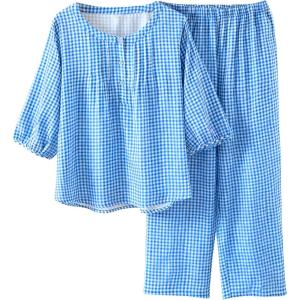imageTanming Womens 2 Set Gingham Pajama Set Half Sleeve Shirt Wide Leg Pants Y2K Cotton Matching Lounge Set Beach OutfitsBlue