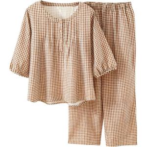 imageTanming Womens 2 Set Gingham Pajama Set Half Sleeve Shirt Wide Leg Pants Y2K Cotton Matching Lounge Set Beach OutfitsKhaki