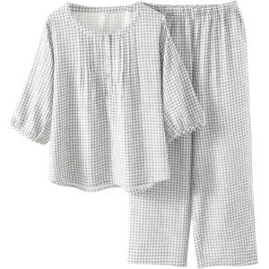 imageTanming Womens 2 Set Gingham Pajama Set Half Sleeve Shirt Wide Leg Pants Y2K Cotton Matching Lounge Set Beach OutfitsLight Grey