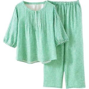imageTanming Womens 2 Set Gingham Pajama Set Half Sleeve Shirt Wide Leg Pants Y2K Cotton Matching Lounge Set Beach OutfitsMint Green