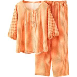 imageTanming Womens 2 Set Gingham Pajama Set Half Sleeve Shirt Wide Leg Pants Y2K Cotton Matching Lounge Set Beach OutfitsOrange