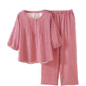 imageTanming Womens 2 Set Gingham Pajama Set Half Sleeve Shirt Wide Leg Pants Y2K Cotton Matching Lounge Set Beach OutfitsPink