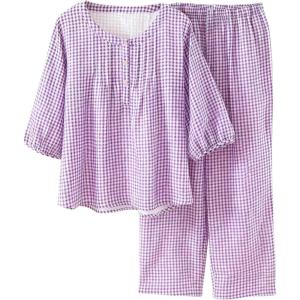 imageTanming Womens 2 Set Gingham Pajama Set Half Sleeve Shirt Wide Leg Pants Y2K Cotton Matching Lounge Set Beach OutfitsPurple