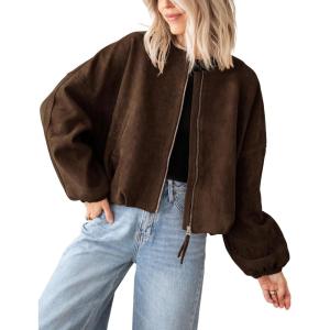 imageTanming Womens Faux Suede Leather Jacket Casual Oversized Long Sleeve Zip Up Bomber Jackets Coats OuterwearCoffee