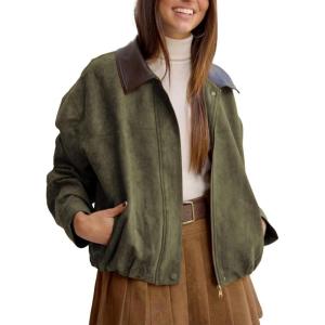 imageTanming Womens Faux Suede Leather Jacket Oversized Motorcycle Zip Up Bomber Jacket Pilot Outerwear CoatsArmy Green