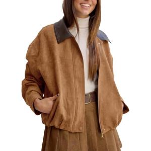 imageTanming Womens Faux Suede Leather Jacket Oversized Motorcycle Zip Up Bomber Jacket Pilot Outerwear CoatsBrown