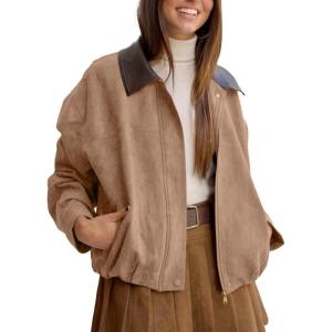 imageTanming Womens Faux Suede Leather Jacket Oversized Motorcycle Zip Up Bomber Jacket Pilot Outerwear CoatsKhaki