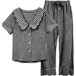 imageTanming Womens Gingham 2 Piece Pajamas Sets Puff Sleeve Babydoll Shirt Ruffle Pants Pj Lounge Set SleepwearBlack