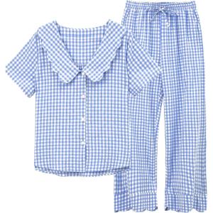 imageTanming Womens Gingham 2 Piece Pajamas Sets Puff Sleeve Babydoll Shirt Ruffle Pants Pj Lounge Set SleepwearBlue