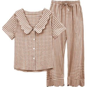 imageTanming Womens Gingham 2 Piece Pajamas Sets Puff Sleeve Babydoll Shirt Ruffle Pants Pj Lounge Set SleepwearBrown