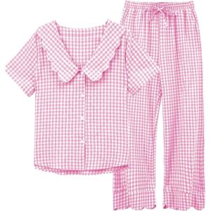 imageTanming Womens Gingham 2 Piece Pajamas Sets Puff Sleeve Babydoll Shirt Ruffle Pants Pj Lounge Set SleepwearPink