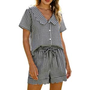 imageTanming Womens Plaid 2 Piece Pajamas Sets Short Sleeve Babydoll Shirt Shorts Gingham Summer Outfits Y2K Lounge SetBlack