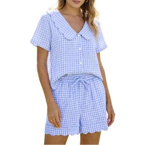 imageTanming Womens Plaid 2 Piece Pajamas Sets Short Sleeve Babydoll Shirt Shorts Gingham Summer Outfits Y2K Lounge SetBlue