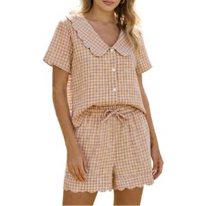 imageTanming Womens Plaid 2 Piece Pajamas Sets Short Sleeve Babydoll Shirt Shorts Gingham Summer Outfits Y2K Lounge SetBrown