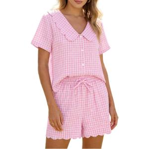 imageTanming Womens Plaid 2 Piece Pajamas Sets Short Sleeve Babydoll Shirt Shorts Gingham Summer Outfits Y2K Lounge SetPink