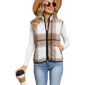 imageTanming Womens Plaid Vest Fall Brushed Flannel Sleeveless Jacket Lightweight Outerwear Vest with PocketsKhaki