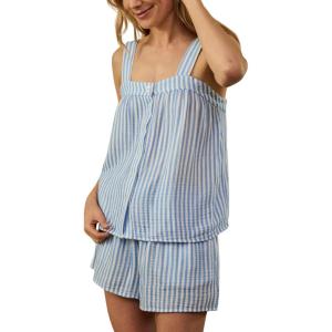 imageTanming Womens Y2k Pajama Set Striped 2 Piece Casual Outfits Sleeveless Tops Shorts Tops Shorts Lounge SetsBlue