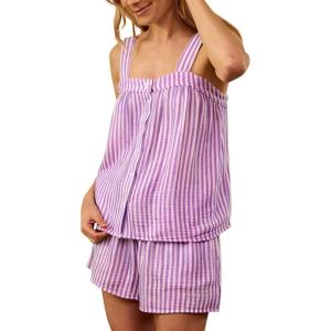 imageTanming Womens Y2k Pajama Set Striped 2 Piece Casual Outfits Sleeveless Tops Shorts Tops Shorts Lounge SetsPurple