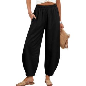 image:imageTanming Womens Barrel Pants High Elastic Waisted Summer Capri Pants Loose Fit Casual Wide Leg TrousersBlack