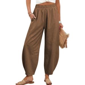 image:imageTanming Womens Barrel Pants High Elastic Waisted Summer Capri Pants Loose Fit Casual Wide Leg TrousersCoffee
