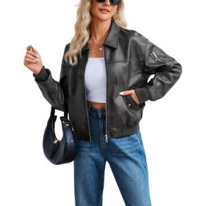 image:imageTanming Womens Leather Jacket Fall Fashion Motorcycle Biker Bomber Jacket Zip Up Winter Coat OuterwearGrey