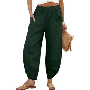 image:imageTanming Womens Linen Harem Pants Elastic Waist Tapered Wide Leg Pants Casual Baggy Capris Slack with PocketsArmy Green