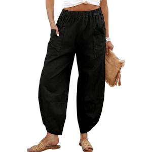 image:imageTanming Womens Linen Harem Pants Elastic Waist Tapered Wide Leg Pants Casual Baggy Capris Slack with PocketsBlack