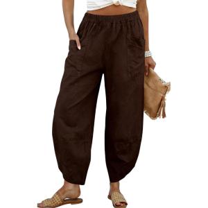image:imageTanming Womens Linen Harem Pants Elastic Waist Tapered Wide Leg Pants Casual Baggy Capris Slack with PocketsCoffee