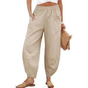 image:imageTanming Womens Linen Harem Pants Elastic Waist Tapered Wide Leg Pants Casual Baggy Capris Slack with PocketsKhaki
