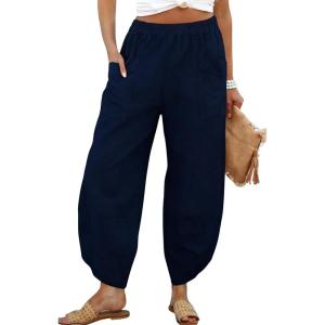 image:imageTanming Womens Linen Harem Pants Elastic Waist Tapered Wide Leg Pants Casual Baggy Capris Slack with PocketsNavy