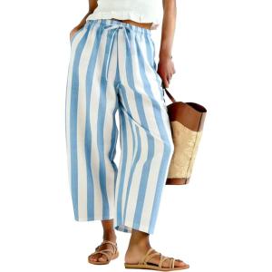 image:imageTanming Womens Linen Pants Casual Striped Drawstring Wide Leg Trousers Palazzo Pants with Pockets Beach Vacation BottomsBlue