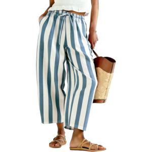 image:imageTanming Womens Linen Pants Casual Striped Drawstring Wide Leg Trousers Palazzo Pants with Pockets Beach Vacation BottomsBluegrey