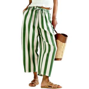 image:imageTanming Womens Linen Pants Casual Striped Drawstring Wide Leg Trousers Palazzo Pants with Pockets Beach Vacation BottomsGreen