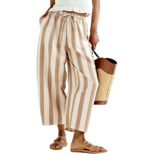 image:imageTanming Womens Linen Pants Casual Striped Drawstring Wide Leg Trousers Palazzo Pants with Pockets Beach Vacation BottomsKhaki