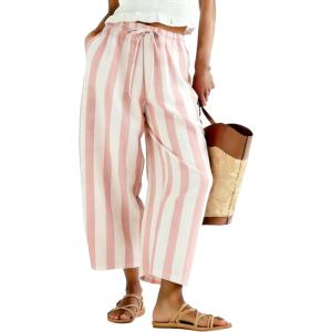 image:imageTanming Womens Linen Pants Casual Striped Drawstring Wide Leg Trousers Palazzo Pants with Pockets Beach Vacation BottomsPink