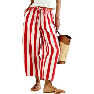 image:imageTanming Womens Linen Pants Casual Striped Drawstring Wide Leg Trousers Palazzo Pants with Pockets Beach Vacation BottomsRed