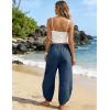 image:imageTanming Womens Linen Harem Pants Elastic Waist Tapered Wide Leg Pants Loose Fit Oversized Baggy Capris Slack with PocketsBlue