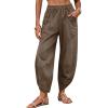 image:imageTanming Womens Linen Harem Pants Elastic Waist Tapered Wide Leg Pants Loose Fit Oversized Baggy Capris Slack with PocketsDark Khaki