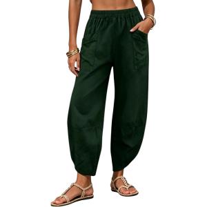 image:imageTanming Womens Linen Harem Pants Elastic Waist Tapered Wide Leg Pants Loose Fit Oversized Baggy Capris Slack with PocketsArmy Green