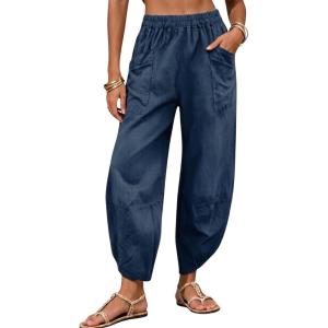 image:imageTanming Womens Linen Harem Pants Elastic Waist Tapered Wide Leg Pants Loose Fit Oversized Baggy Capris Slack with PocketsBlue