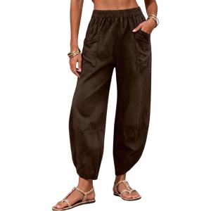 image:imageTanming Womens Linen Harem Pants Elastic Waist Tapered Wide Leg Pants Loose Fit Oversized Baggy Capris Slack with PocketsCoffee