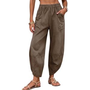 image:imageTanming Womens Linen Harem Pants Elastic Waist Tapered Wide Leg Pants Loose Fit Oversized Baggy Capris Slack with PocketsDark Khaki