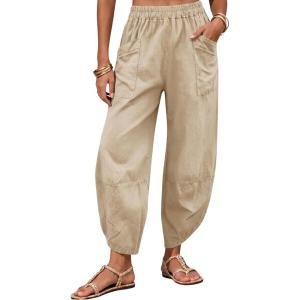image:imageTanming Womens Linen Harem Pants Elastic Waist Tapered Wide Leg Pants Loose Fit Oversized Baggy Capris Slack with PocketsKhaki