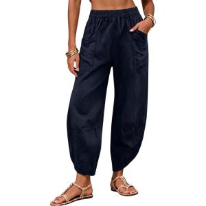 image:imageTanming Womens Linen Harem Pants Elastic Waist Tapered Wide Leg Pants Loose Fit Oversized Baggy Capris Slack with PocketsNavy